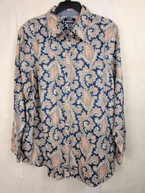 Chaps navy blue paisley cotton button up top Size 2X Boho Classic Preppy Floral